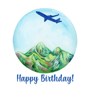 Kartka okolicznościowa - samolot w górach w ksztacie koła Happy Birthday