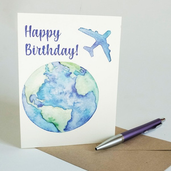 Kartka okolicznościowa - Happy Birthday kula ziemska + samolot 