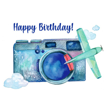 Kartka okolicznościowa - samolot i aparat Happy Birthday
